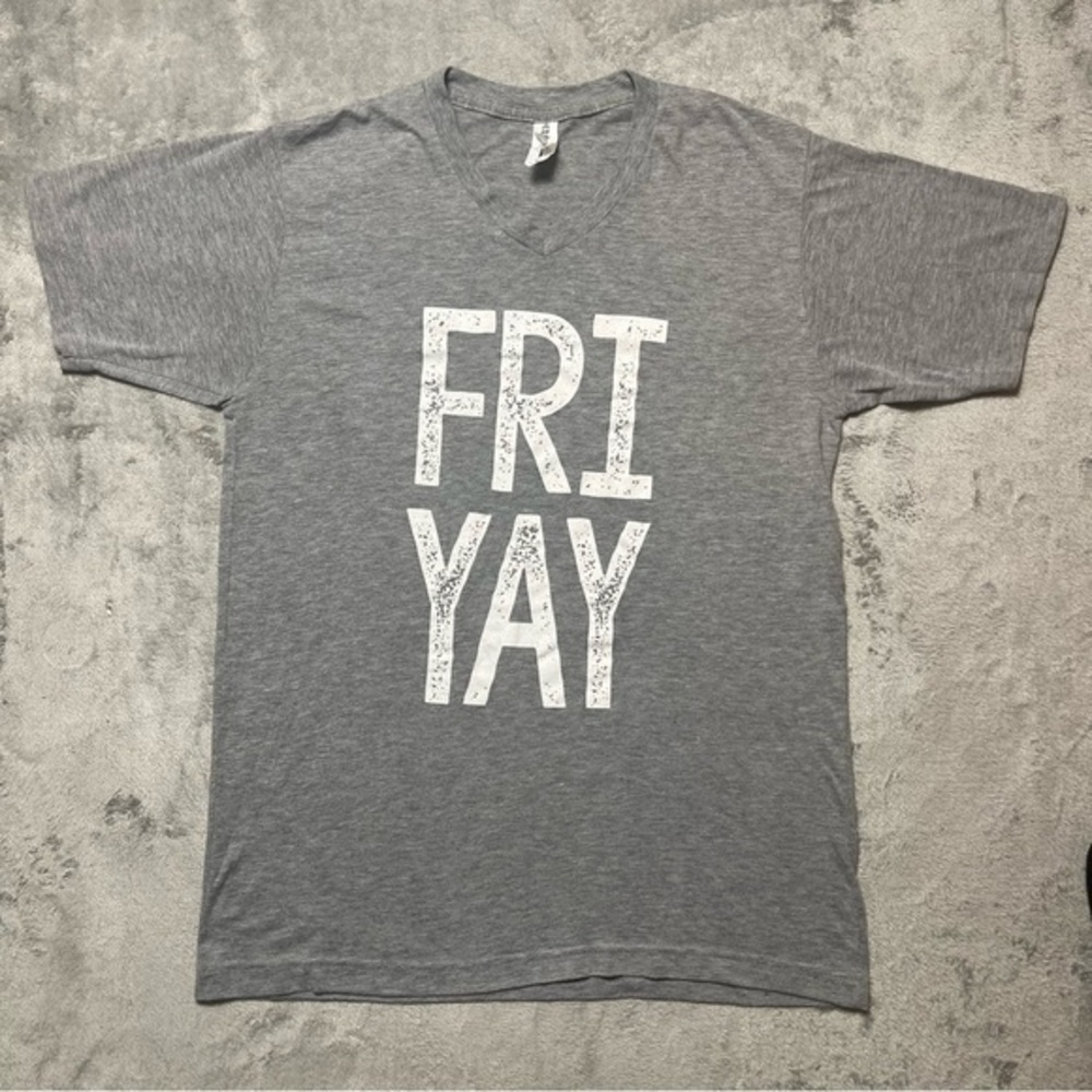Tultex Grey V-Neck FRI YAY Short Sleeved Tee T-shirt Top - Size Medium